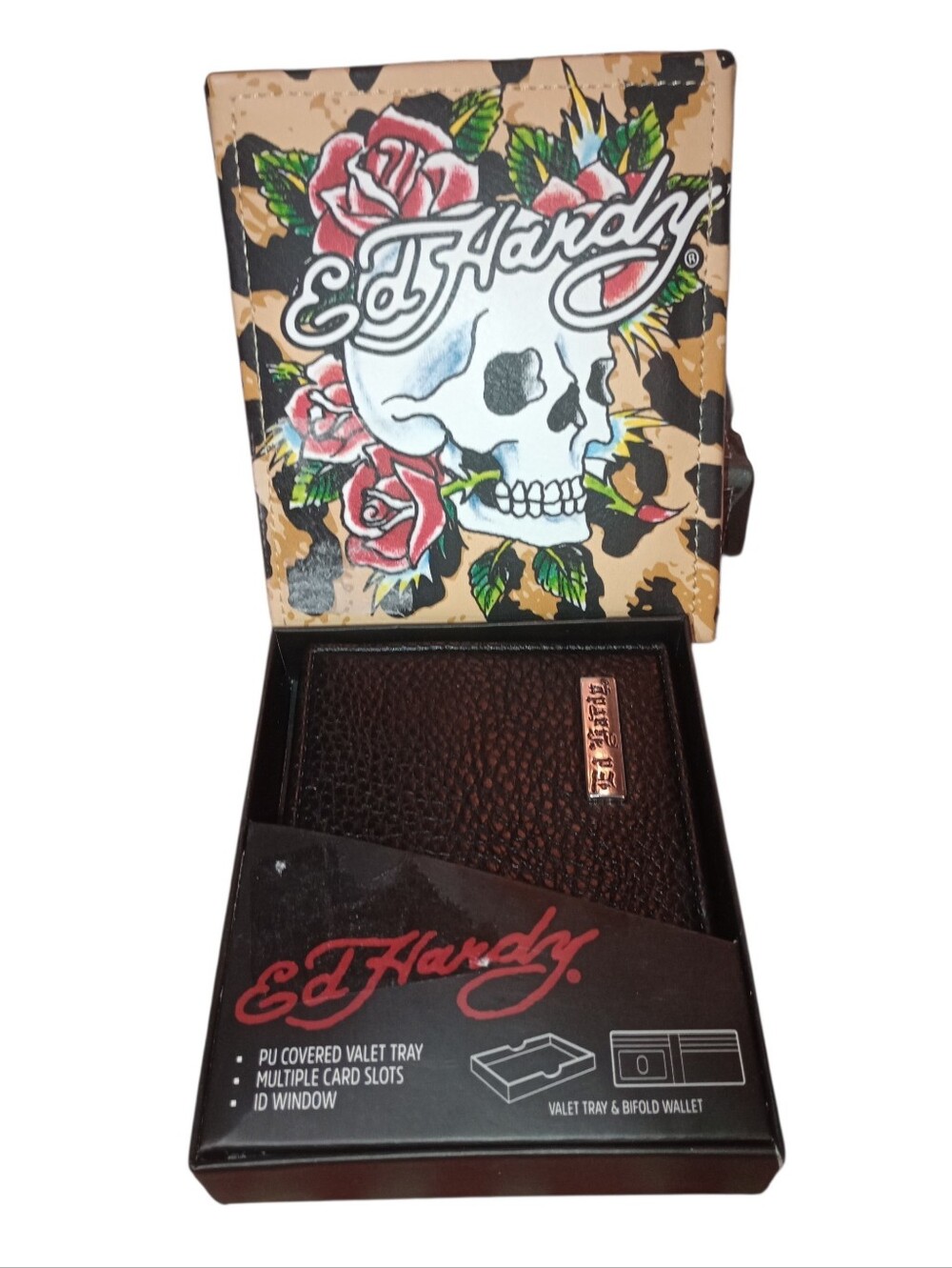 Ed Hardy Black Bifold Wallet with Rose Skull Artwork Gift Box, NWT